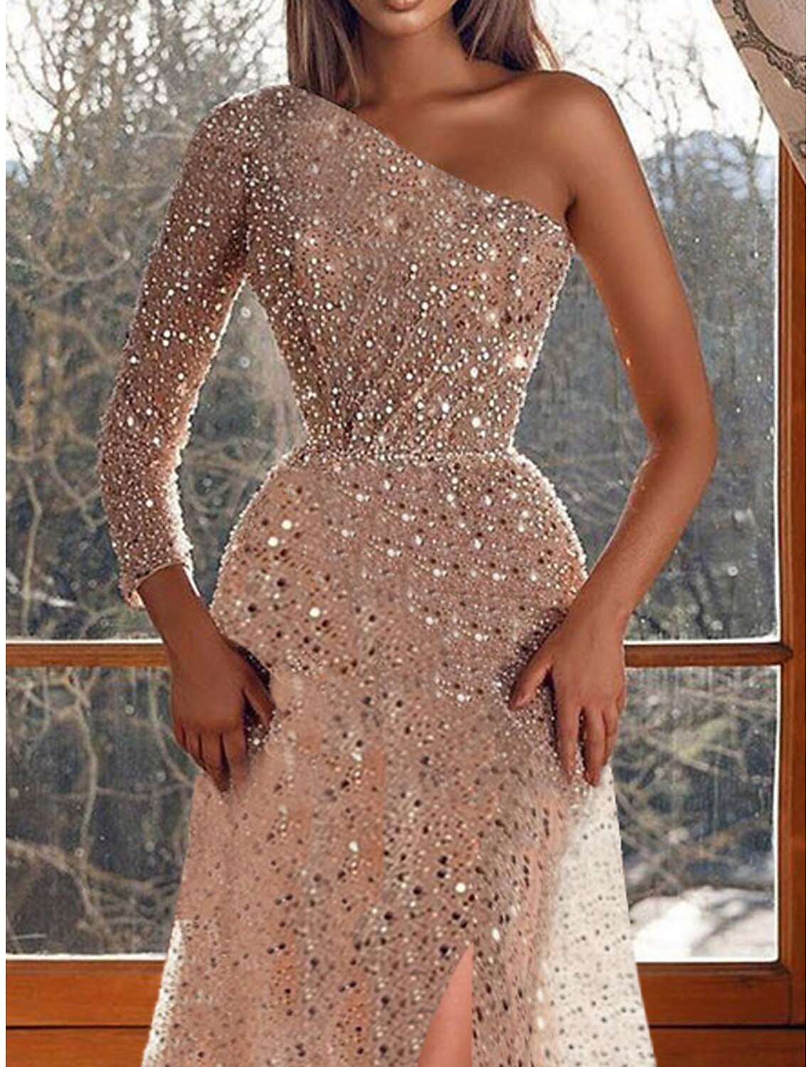 Wholesale A-Line Prom Dresses Sparkle & Shine Dress Formal Wedding Guest Court Train Long Sleeve One Shoulder Sequined with Sequin Slit